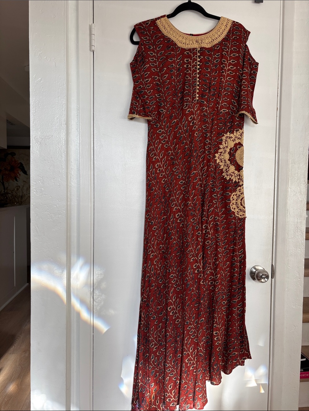 Vintage Cotton Rust Red Embroidered Cold-Shoulder High Low Dress M
